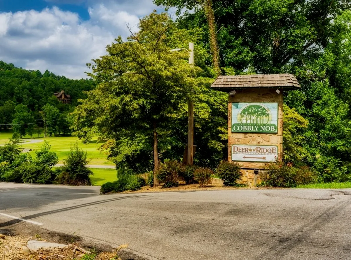 The entrance to Cobbly Nob Resort, featuring the welcoming Cobby Nob sign set against lush greenery and a scenic roadway leading into the community, evoking a sense of arrival and belonging within a vibrant resort environment.